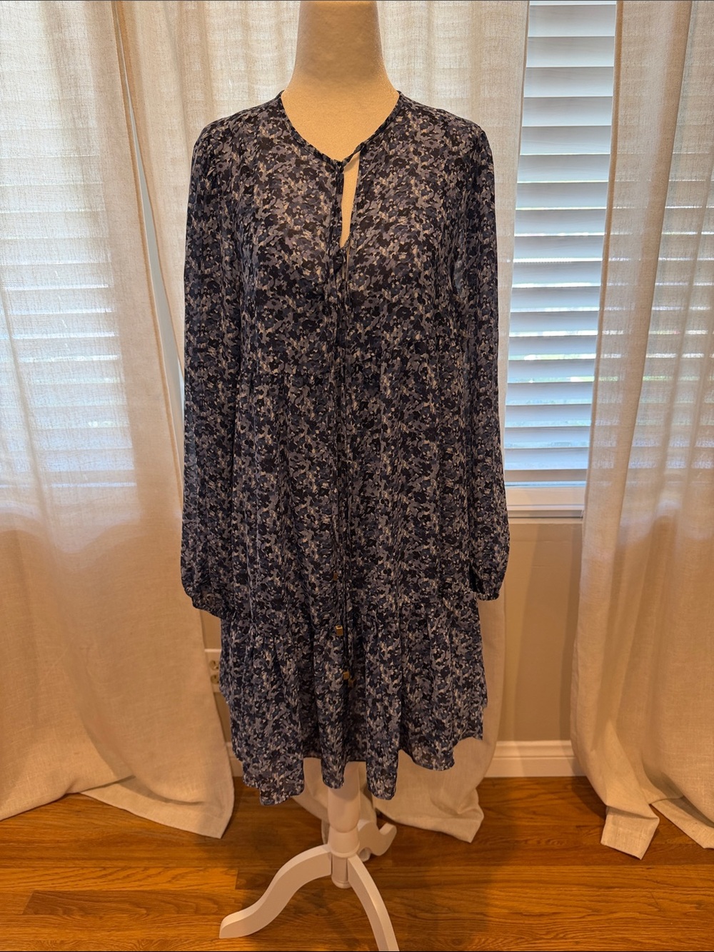 MICHAEL KORS Women's Navy Floral Long-Sleeve Tiered Dress